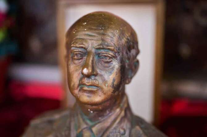 A bust of Francisco Franco is displayed at the the mausoleum where Francisco Franco is buried during the 50th anniversary of the death of Spanish dictator Gen. Francisco Franco at Mingorrubio Cemetery on the outskirts of Madrid, Spain, Thursday, Nov. 20, 2025. (AP Photo/Manu Fernandez)