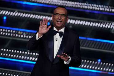 Carlo Conti during the third evening of 75th edition of the Sanremo Italian Song Festival at the Ariston Theatre in Sanremo, northern Italy – Thursday, February 13, 2025. Entertainment. (Photo by Marco Alpozzi/LaPresse)