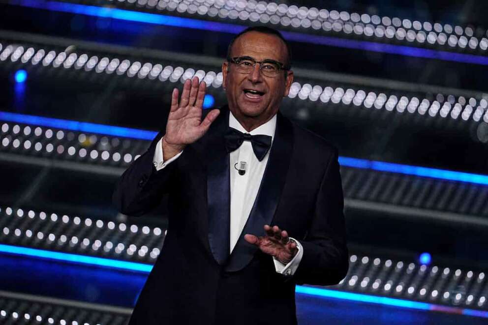 Carlo Conti during the third evening of 75th edition of the Sanremo Italian Song Festival at the Ariston Theatre in Sanremo, northern Italy – Thursday, February 13, 2025. Entertainment. (Photo by Marco Alpozzi/LaPresse)