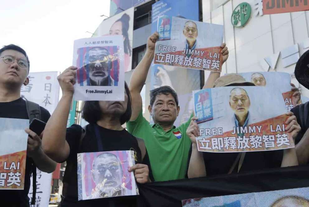 Hong Kong activists and supporters in Taiwan gather to support imprisoned Hong Kong activist publisher Jimmy Lai for the national security trial in Taipei, Taiwan, Sunday, Aug. 24, 2025. (AP Photo/Chiang Ying-ying)