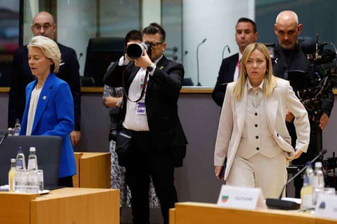 European Commission President Ursula von der Leyen, left, and Italy’s Prime Minister Giorgia Meloni, right, arrive for a round table meeting at the EU Summit in Brussels, Thursday, Dec. 18, 2025. (AP Photo/Geert Vanden Wijngaert) Associate Press/ LaPresse Only Italy and Spain