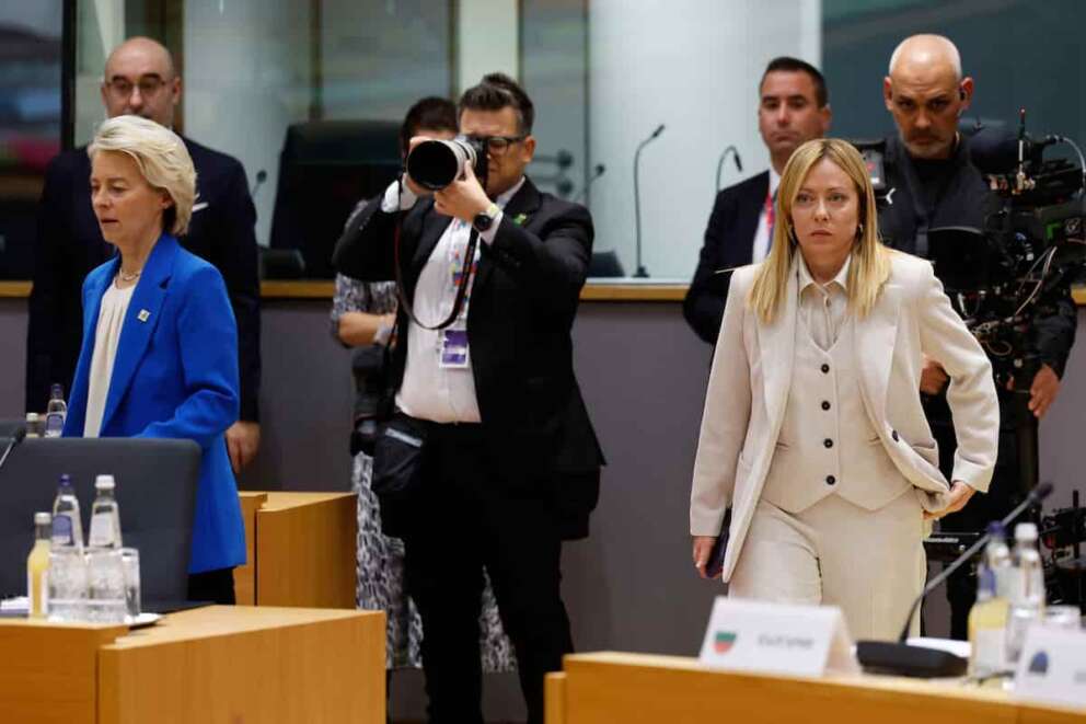 European Commission President Ursula von der Leyen, left, and Italy’s Prime Minister Giorgia Meloni, right, arrive for a round table meeting at the EU Summit in Brussels, Thursday, Dec. 18, 2025. (AP Photo/Geert Vanden Wijngaert) Associate Press/ LaPresse Only Italy and Spain