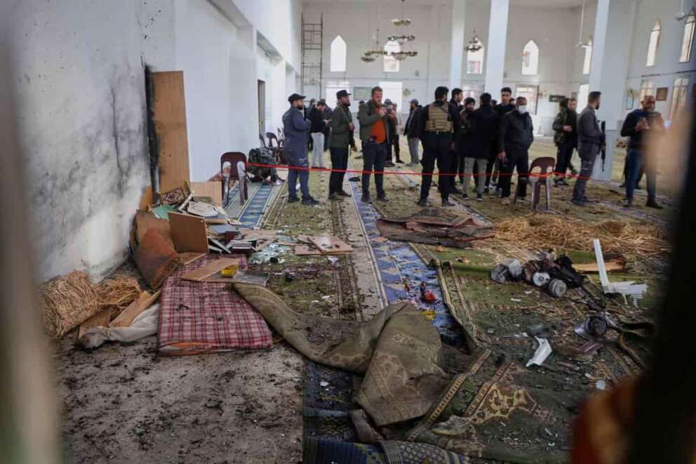 Syrian security forces inspect the damage after an explosion in the Imam Ali bin Abi Talib Mosque in a predominantly Alawite area of the Wadi al-Dhahab neighborhood in Homs, Syria Friday, Dec. 26, 2025.(AP Photo)
