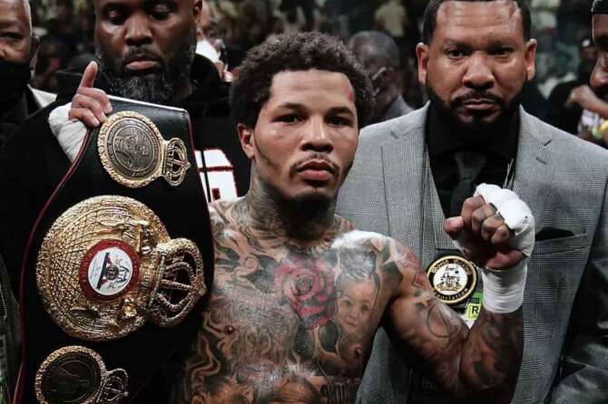 FILE – Gervonta Davis poses for photographs after a WBA lightweight championship boxing bout against Rolando Romero early Sunday, May 29, 2022, in New York. Gervonta Davis and Ryan Garcia take undefeated records into their lightweight showdown Saturday, April 22 in Las Vegas. (AP Photo/Frank Franklin II, File)