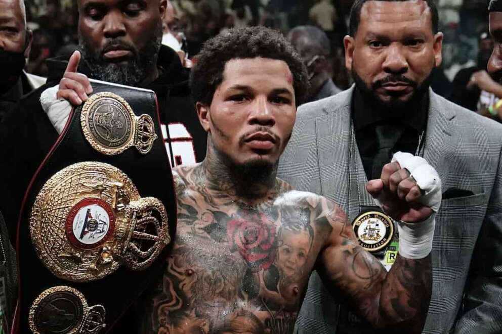 FILE – Gervonta Davis poses for photographs after a WBA lightweight championship boxing bout against Rolando Romero early Sunday, May 29, 2022, in New York. Gervonta Davis and Ryan Garcia take undefeated records into their lightweight showdown Saturday, April 22 in Las Vegas. (AP Photo/Frank Franklin II, File)