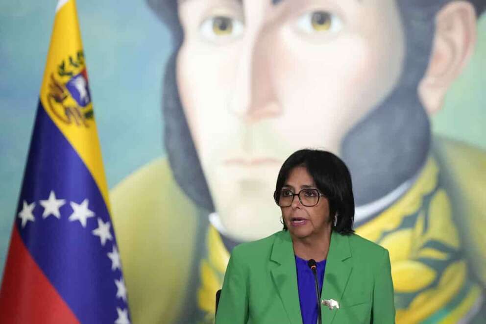 Venezuelan Vice President Delcy Rodriguez leads a meeting at the Foreign Ministry in Caracas, Venezuela, Monday, Dec. 11, 2023. Leaders of Guyana and Venezuela are preparing to meet this week to address an escalating dispute over the Essequibo region that is rich in oil and minerals. (AP Photo/Matias Delacroix)