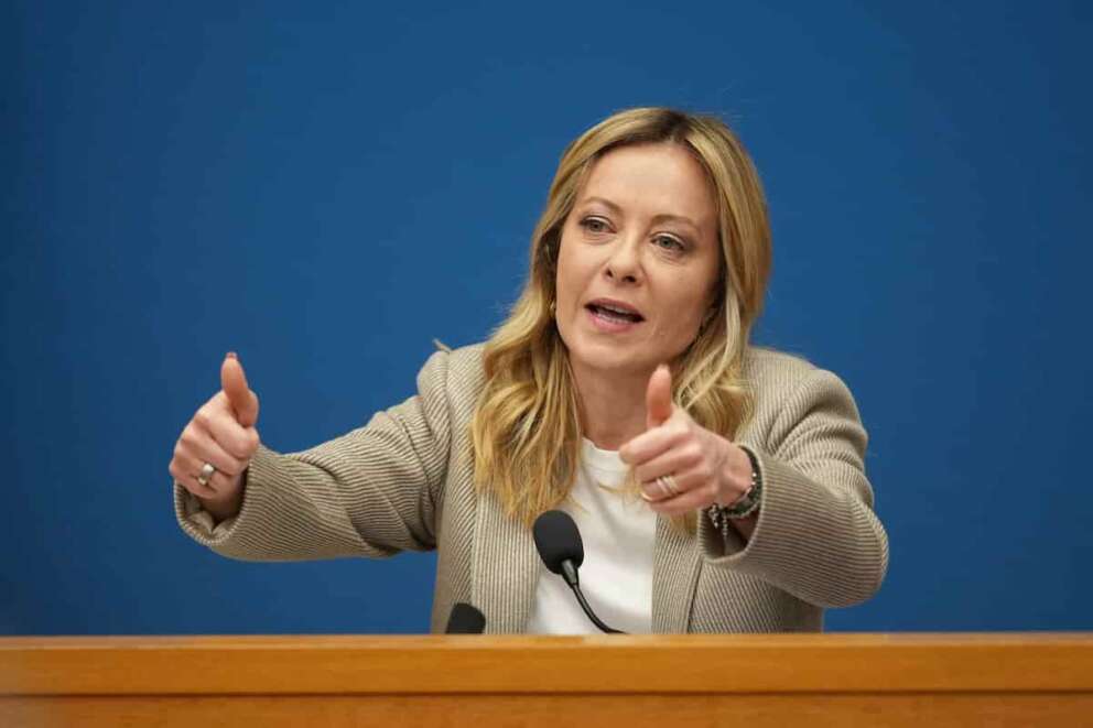 Italian Prime Minister Giorgia Meloni holds her annual start-of-the-year press conference in the press room at the Lower Chamber, in Rome, Friday, Jan. 9, 2026. (AP Photo/Andrew Medichini)
