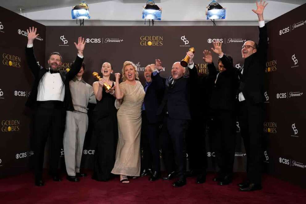 Philip Barantini, from left, Owen Cooper, Erin Doherty, Hannah Walters, Stephen Graham, Andy Cooper, Ashley Walters, Jeremy Kleiner, and Jack Thorne pose in the press room with the award for best television limited series, anthology series or motion picture made for television for “Adolescence” during the 83rd Golden Globes on Sunday, Jan. 11, 2026, at the Beverly Hilton in Beverly Hills, Calif. (AP Photo/Chris Pizzello)