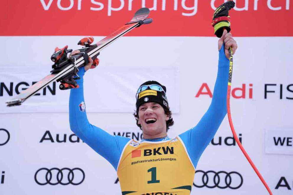 Italy’s Giovanni Franzoni celebrates winning an alpine ski, men’s World Cup super-G, in Wengen, Switzerland, Friday Jan. 16, 2026. (AP Photo/Giovanni Zenoni) Associate Press/ LaPresse Only Italy and Spain