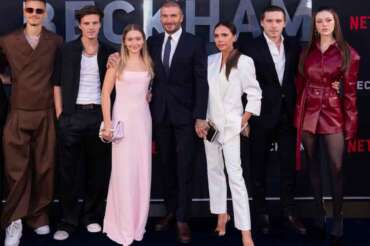 FILE – Romeo Beckham, from left, Cruz Beckham, Harper Beckham, David Beckham, Victoria Beckham, Brooklyn Beckham and Nicola Peltz Beckham appear at the premiere of the Netflix docuseries “Beckham” in London on Oct. 3, 2023. (AP Photo/Vianney Le Caer, File)