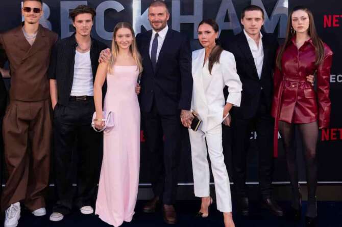 FILE – Romeo Beckham, from left, Cruz Beckham, Harper Beckham, David Beckham, Victoria Beckham, Brooklyn Beckham and Nicola Peltz Beckham appear at the premiere of the Netflix docuseries “Beckham” in London on Oct. 3, 2023. (AP Photo/Vianney Le Caer, File)