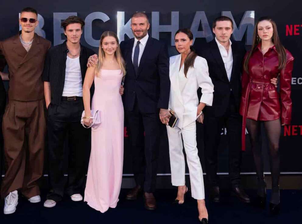 FILE – Romeo Beckham, from left, Cruz Beckham, Harper Beckham, David Beckham, Victoria Beckham, Brooklyn Beckham and Nicola Peltz Beckham appear at the premiere of the Netflix docuseries “Beckham” in London on Oct. 3, 2023. (AP Photo/Vianney Le Caer, File)