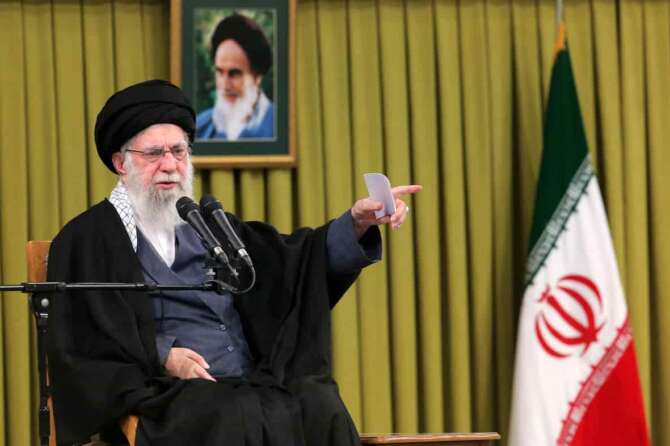 In this photo released by an official website of the office of the Iranian supreme leader, Supreme Leader Ayatollah Ali Khamenei speaks in a meeting, in Tehran, Iran, Sunday, Feb. 1, 2026. (Office of the Iranian Supreme Leader via AP)
