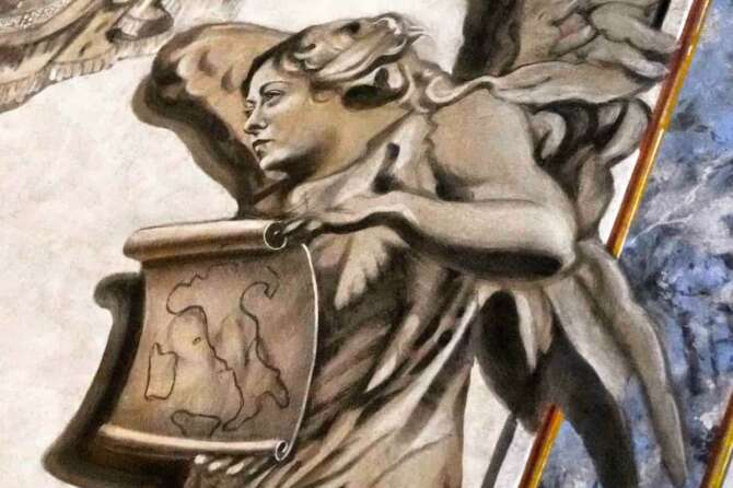 A detail of a restored chapel with Angels depicted on a fresco to the memory of late Italy’s King Umberto II inside the Basilica of St. Lawrence in Lucina in Rome, Sunday, Feb. 1, 2026. (AP Photo/Gregorio Borgia)