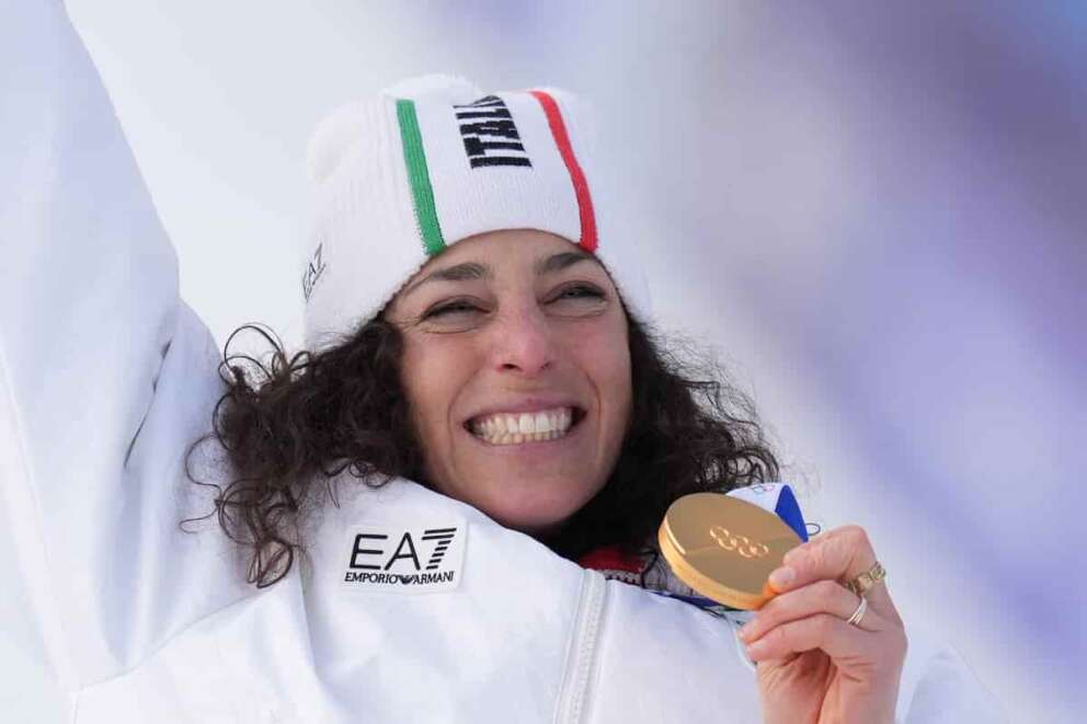 Federica Brignore gold medal during the awards ceremony for the women’s super-G alpine skiing event at the 2026 Winter Olympics, in Cortina d’Ampezzo, Italy, Thursday, February 12, 2026. (Photo Spada/LaPresse)