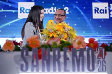Laura Pausini and Carlo Conti attends the press conference at 76th edition of the Sanremo Italian Song Festival at the Ariston Theatre in Sanremo, northern Italy – Monday, February 23, 2026. Entertainment. (Photo by Marco Alpozzi/LaPresse)