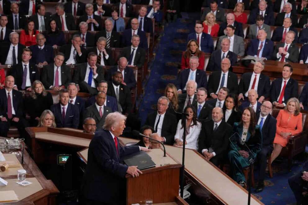 President Donald Trump gives his State of the Union address to a joint session of Congress, at the Capitol in Washington, Tuesday, Feb. 24, 2026. (AP Photo/J. Scott Applewhite)