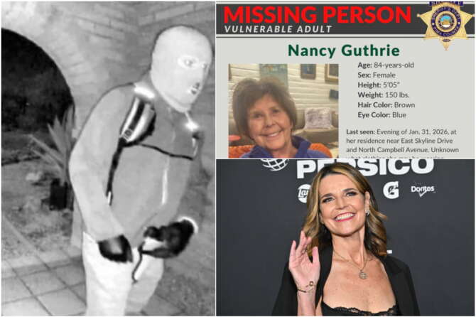Rapimento di Nancy Guthrie, fermato e poi rilasciato un uomo: una foto dell’Fbi mostra un sospetto incappucciato
