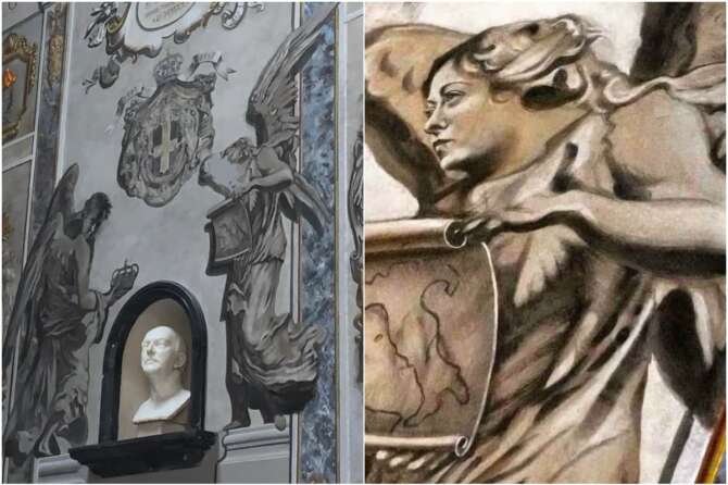 L’affresco cancellato e il volto raffigurante Giorgia Meloni dopo il restauro
