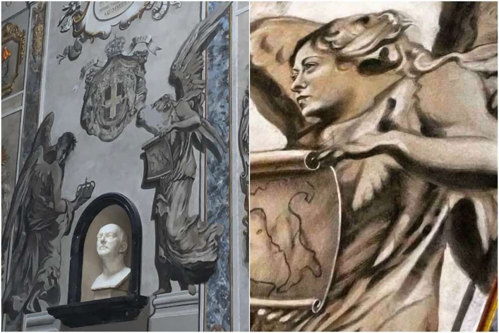 L’affresco cancellato e il volto raffigurante Giorgia Meloni dopo il restauro