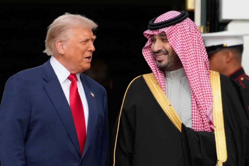 President Donald Trump welcomes Saudi Arabia’s Crown Prince Mohammed bin Salman to the White House, Tuesday, Nov. 18, 2025, in Washington. (AP Photo/Mark Schiefelbein)