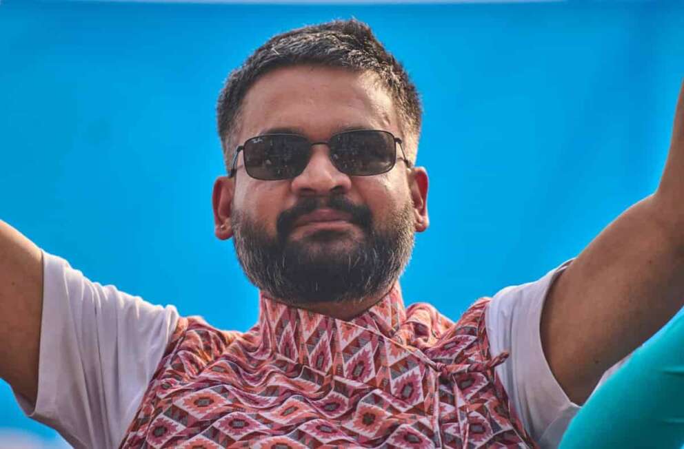 Rapper-turned-politician Balendra Shah, Prime ministerial candidate of the Rastriya Swatantra Party greets his supporters during an election campaign rally in Chitwan, about 112 miles (180 kilometers) west of Kathmandu, Nepal, Friday, Feb. 27, 2026. (AP Photo/Niranjan Shrestha)