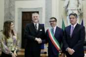 il Ministro della Cultura Alessandro Giuli con il sindaco di Ancona Daniele Silvietti ,il presidente della commissione Davide De Sario , e la sottosegretaria Lucia Borgonzoni alla Cerimonia per la proclamazione della capitale italiana della cultura 2028 — Roma—Italia — Mercoledì 18 Marzo 2026 – Politica – (foto di Cecilia Fabiano/ LaPresse) , the Minister of Culture Alessandro Giuli with the mayor of Ancona Daniele Silvietti, the president of the commission Davide De Sario , and the undersecretary Lucia Borgonzoni at the Ceremony for the proclamation of the Italian Capital of Culture 2028— Rome— Italy , March 18 , Wednesday 2026 – Politics – (photo by Cecilia Fabiano/LaPresse)