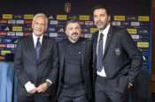 Gabriele Gravina Gennaro Gattuso and Gianluigi Buffon during the press conference to present Technical Commissioner Gennaro Gattuso at the Hotel Parco dei Principi Rome, Italy – Thursday 19 June 2025. Sports – Football. (Photo by Fabrizio Corradetti / LaPresse)