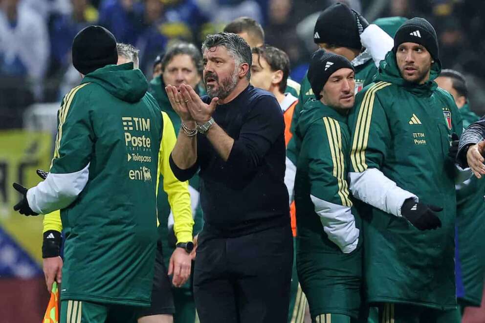 Italy coach Gennaro Gattuso gestures from the touchline during the World Cup qualifying playoff final soccer match between Bosnia and Italy in Zenica, Bosnia, Tuesday, March 31, 2026. (AP Photo/Armin Durgut)