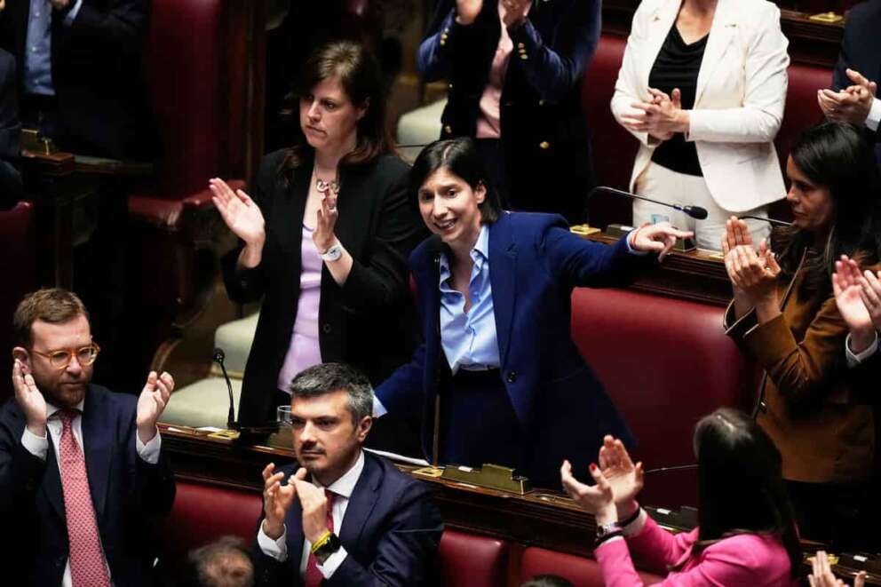 Italian opposition Democratic Party leader Elly Schlein, center, delivers her speech after Italian Premier Giorgia Meloni addressed to the lower chamber of parliament in Rome, Thursday, April 9, 2026. (AP Photo/Alessandra Tarantino) Associate Press/ LaPresse Only Italy and Spain