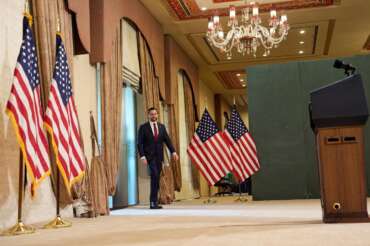 Vice President JD Vance arrives to speak at a news conference after meeting with representatives from Pakistan and Iran, Sunday, April 12, 2026, in Islamabad. (AP Photo/Jacquelyn Martin, Pool)