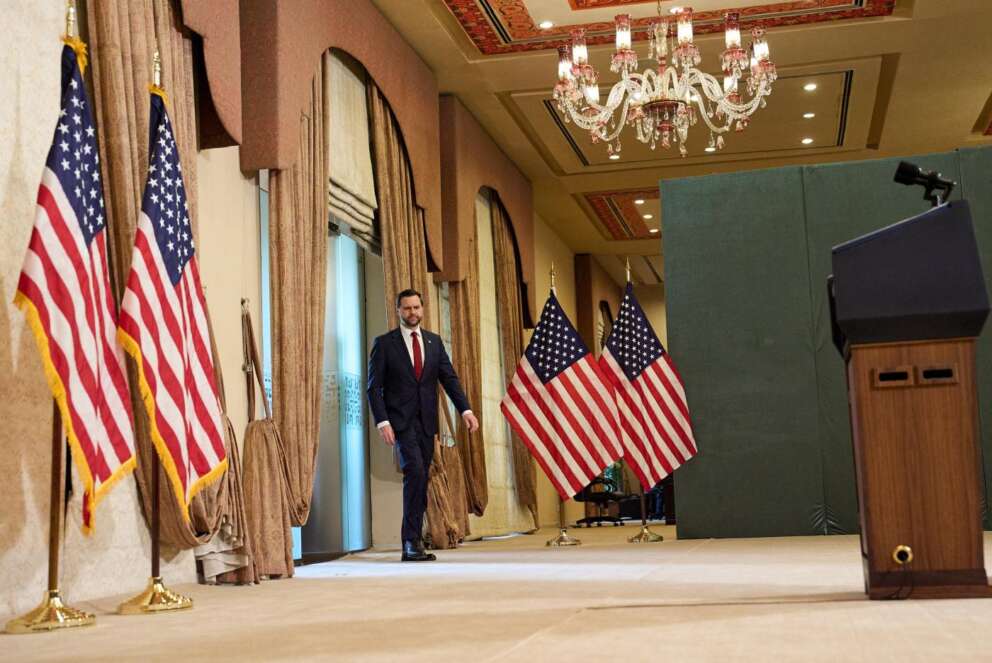 Vice President JD Vance arrives to speak at a news conference after meeting with representatives from Pakistan and Iran, Sunday, April 12, 2026, in Islamabad. (AP Photo/Jacquelyn Martin, Pool)