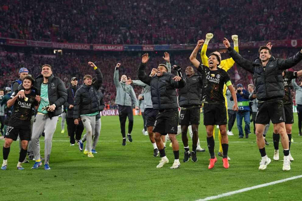 PSG players celebrate after the Champions League semifinal second leg soccer match between Bayern Munich and Paris Saint Germain in Munich, Germany, Wednesday, May 6, 2026. (AP Photo/Martin Meissner)