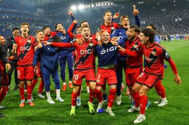 Rayo Vallecano players celebrate their victory at the Conference League semifinal second leg soccer match between Strasbourg and Rayo Vallecano, in Strasbourg, eastern France, Thursday, May 7, 2026. (AP Photo/Antonin Utz)