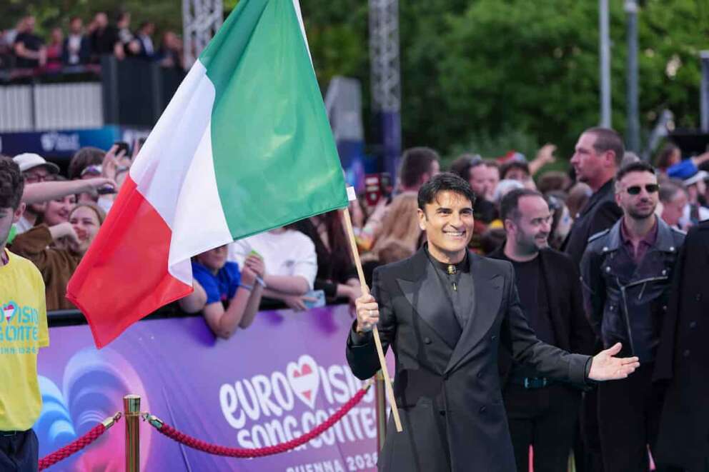 Sal Da Vinci, from Italy, walks on the Turquoise Carpet during the official start of the Eurovision Song Contest week at the town hall in Vienna, Austria, Sunday, May 10, 2026. (AP Photo/Martin Meissner)
