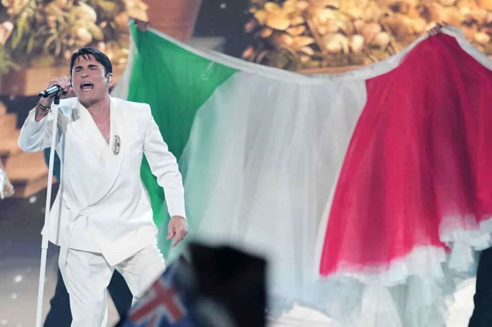 Sal Da Vinci from Italy performs the song “Per Sempre Si” during the first semifinal of the 70th Eurovision Song Contest in Vienna, Austria, Tuesday, May 12, 2026. (AP Photo/Martin Meissner)