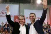 Spanish Socialist Workers Party (PSOE) leader Pedro Sanchez (R), presidential candidate for the upcoming general elections, and former Spanish Prime Minister Jose Luis Rodriguez Zapatero (L), react during an election campaign event in Gijon, northern Spain, 10 December 2015. Spain will hold a general election on 20 December 2015. EFE/J.L. Cereijido