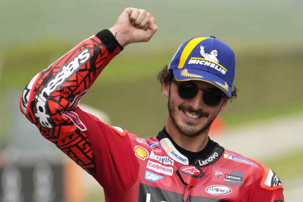 Italy’s Francesco Bagnaia celebrates after winning the sprint race for the MotoGP Grand Prix of Italy at the Mugello circuit in Scarperia, Italy, Saturday, June 10, 2023. (AP Photo/Luca Bruno)