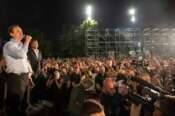 Albin Kurti leader of Vetevendosje political party addresses his supporters as they celebrate after the preliminary results of parliamentary election in Kosovo capital Pristina late Sunday, June 7, 2026. (AP Photo/Visar Kryeziu)