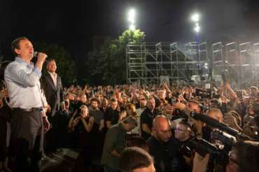 Albin Kurti leader of Vetevendosje political party addresses his supporters as they celebrate after the preliminary results of parliamentary election in Kosovo capital Pristina late Sunday, June 7, 2026. (AP Photo/Visar Kryeziu)