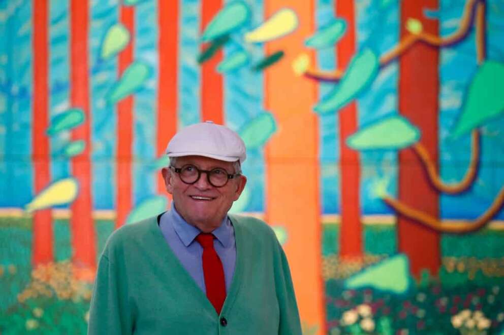FILE – Renowned British painter David Hockney poses during the unveiling of a huge painting he is donating to the Pompidou Center in Paris, “The Arrival of Spring in Woldgate, East Yorkshire.”, in Paris, France, Tuesday, Sept. 26, 2017. (AP photo/Francois Mori, File) Associated Press / LaPresse Only italy and spain
