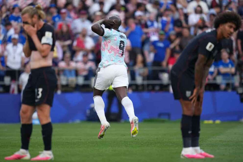 Belgium’s Romelu Lukaku reacts after scoring their fourth goal during the World Cup round of 16 soccer match against the United States in Seattle, Monday, July 6, 2026. (AP Photo/Abbie Parr) Associated Press / LaPresse Only italy and spain